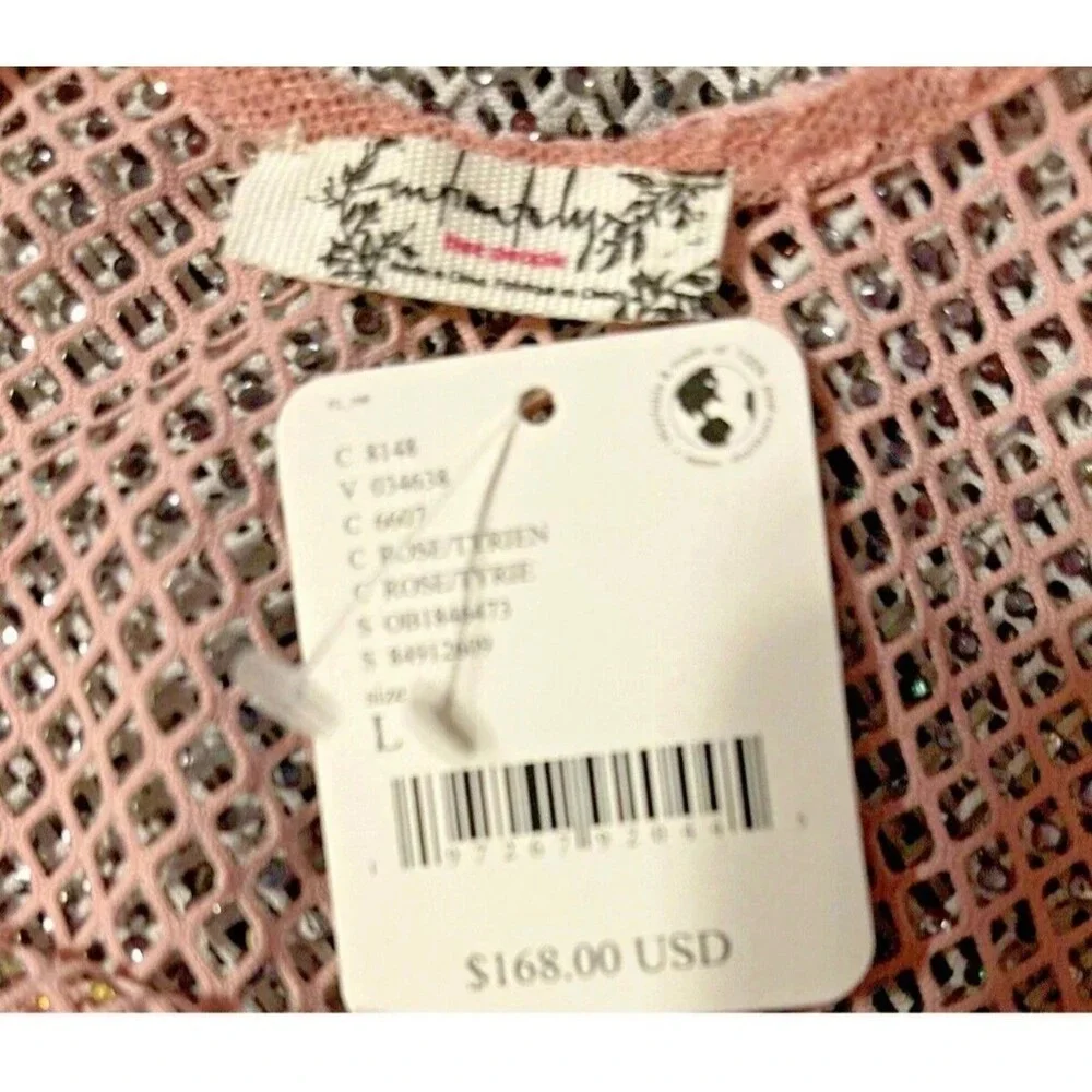 Free People  Rhinestone Sheer Mesh Long Sleeve Top Rose Pink  Deep V-Back Large